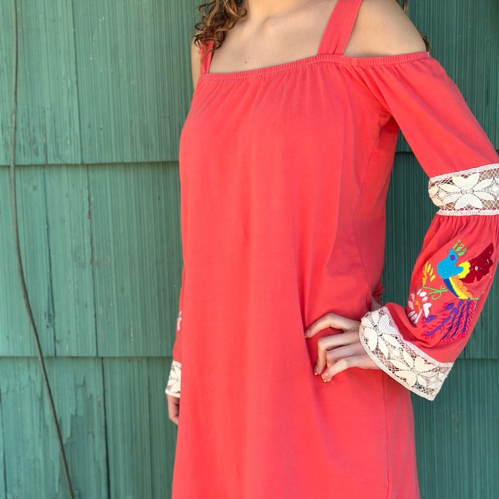 Vava by Joy Han Pink Cold Shoulder Sundress with Embroidered Bishop Sleeves
